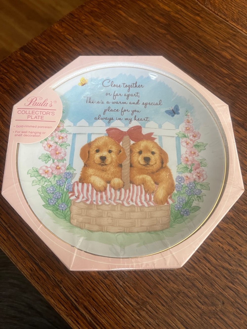 Paula's Collector's Plate - Puppies in Basket (Pink). Close Together